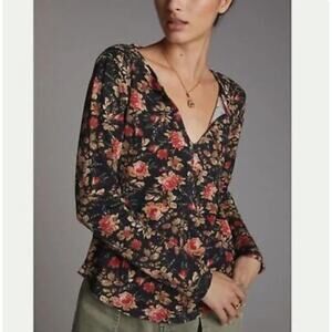 Anthropologie Pilcro floral print split neck waffle knit casual top boho artsy
